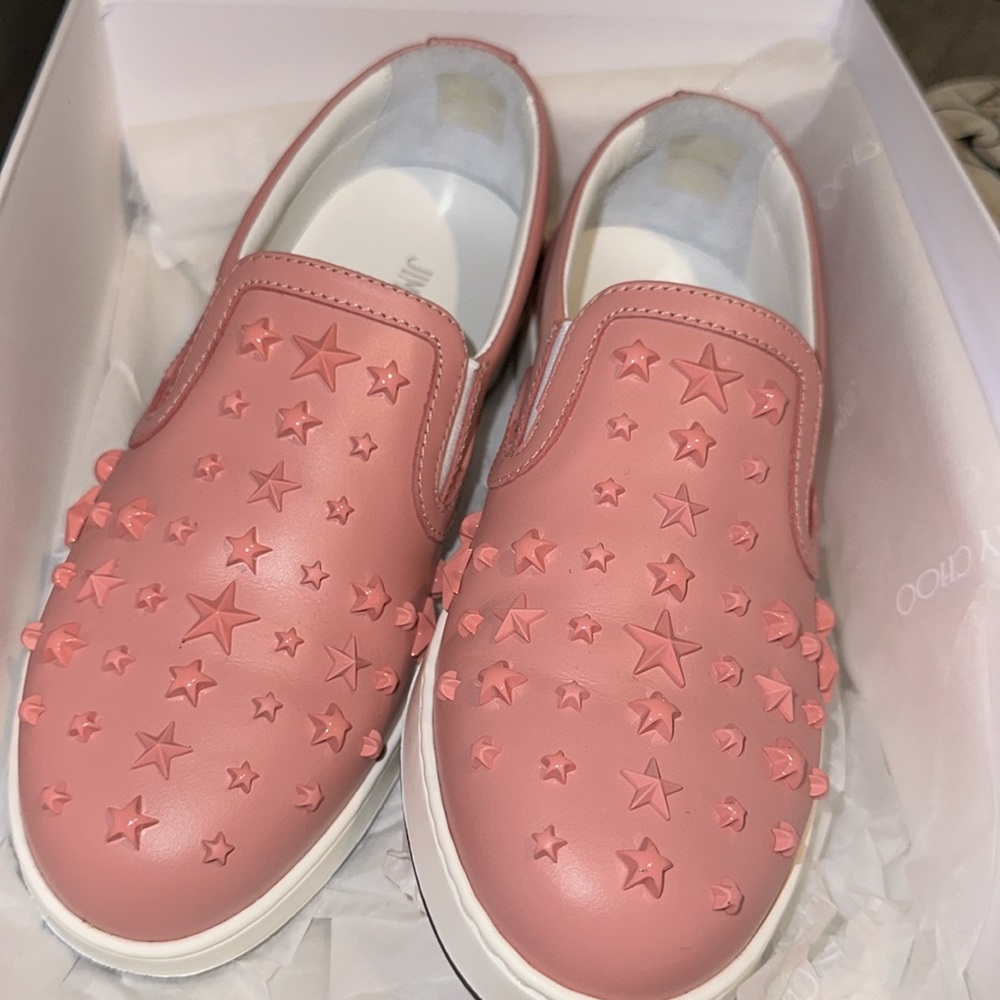 NWT New Jimmy Choo Leather Gracy Slip On Sneakers Candyfloss 35 Pink $795+